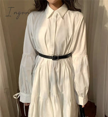 Ingvn - Women Dress Long Sleeve Spring Autumn Vintage Designer Collar Lapel Button Up Ruched
