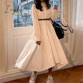 Ingvn - Women Dress Long Sleeve Spring Autumn Vintage Designer Collar Lapel Button Up Ruched