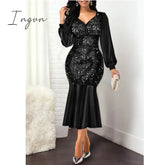 Ingvn - Women Dress Summer Elegant Sexy V Neck Sequine Evening Wedding Party Plus Size High Waist