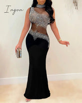 Ingvn - Women Elegant Formal Gown Maxi Dress Female Stylish Long Party Rhinestone Mesh Splicing