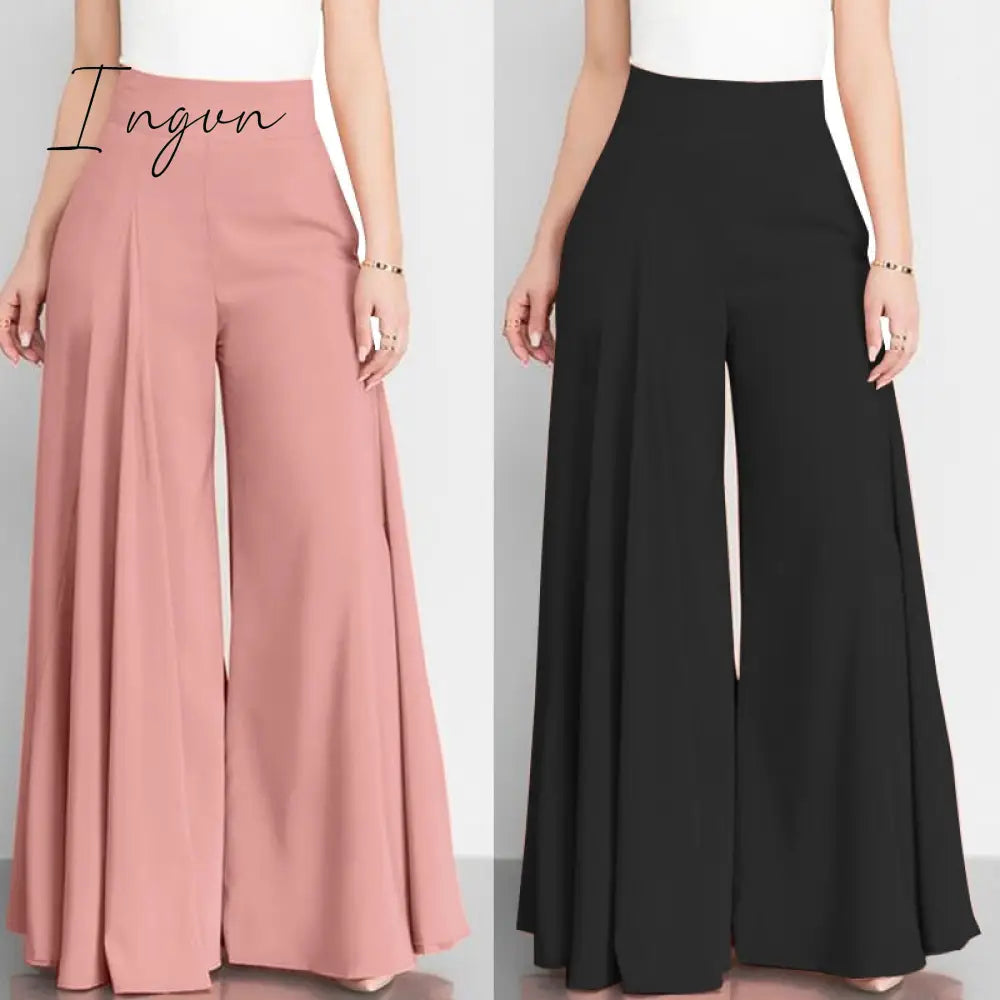 Ingvn - Women Elegant High Waist Wide Leg Pants Spring Vintage Flare Trousers Casual Solid Zipper