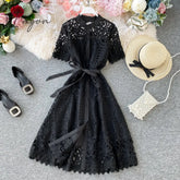 Ingvn - Women Elegant Hollow Out Lace Dress Office Lady Summer Solid O - Neck Button Up Sashes Midi