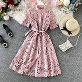 Ingvn - Women Elegant Hollow Out Lace Dress Office Lady Summer Solid O - Neck Button Up Sashes Midi