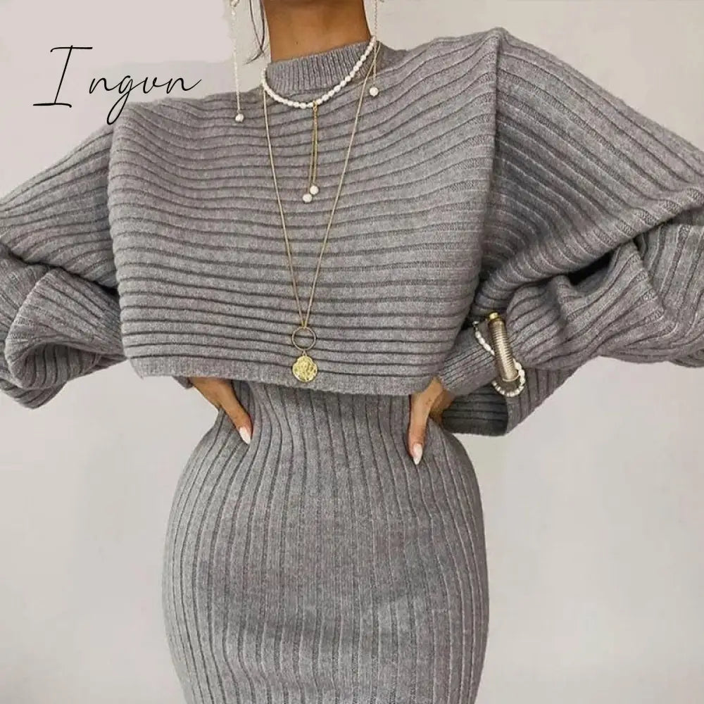 Ingvn - Women Elegant Slim Two Piece Sets Female Sweater Dress Autumn Winter High Waist Knitted