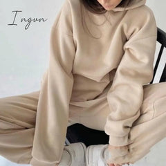 Ingvn - Women Elegant Solid Sets For Warm Hoodie Sweatshirts And Long Pant Fashion Two Piece Ladies