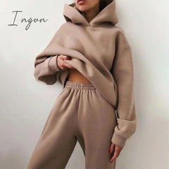 Ingvn - Women Elegant Solid Sets For Warm Hoodie Sweatshirts And Long Pant Fashion Two Piece Ladies