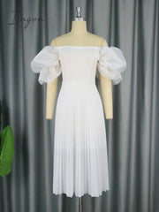 Ingvn - Women Elegant White Pleated Dresses Midi Off Shoulder Puff Sleeve A Line Cocktail Party