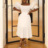 Ingvn - Women Elegant White Pleated Dresses Midi Off Shoulder Puff Sleeve A Line Cocktail Party