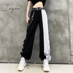 Ingvn - Women Fashion Contrast Cargo Pants Female New Arrival Elastic Waist Wide Leg Trousers