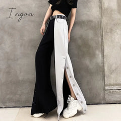 Ingvn - Women Fashion Contrast Cargo Pants Female New Arrival Elastic Waist Wide Leg Trousers