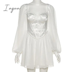 Ingvn - Women Fashion Elegant High Waist Slim Solid White Office Lady A - Line Mini Dress Spring