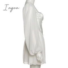 Ingvn - Women Fashion Elegant High Waist Slim Solid White Office Lady A - Line Mini Dress Spring