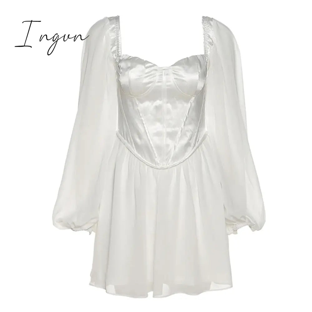 Ingvn - Women Fashion Elegant High Waist Slim Solid White Office Lady A - Line Mini Dress Spring