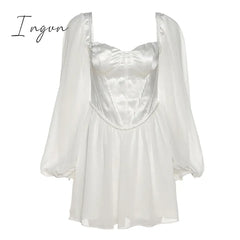 Ingvn - Women Fashion Elegant High Waist Slim Solid White Office Lady A - Line Mini Dress Spring