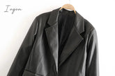 Ingvn - Women Fashion Faux Leather Pockets Loose Blazer Coat Vintage Long Sleeve Back Vents Female