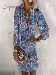 Ingvn - Women Fashion Floral Printed Summer Mid Length Dress Casual Long Sleeve Ladies A Line V