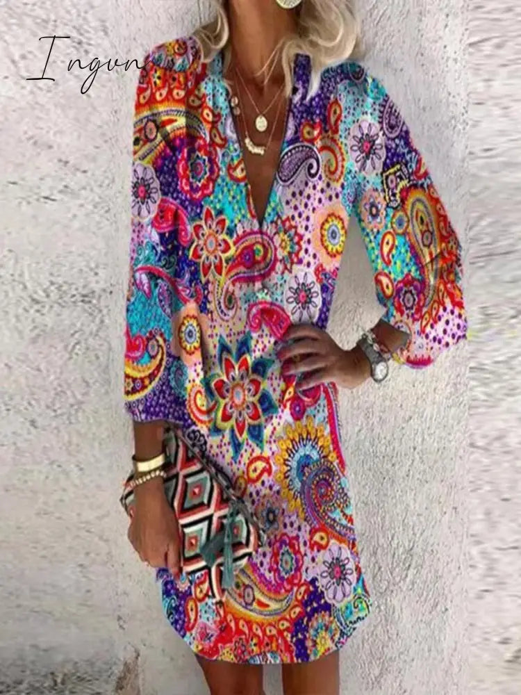 Ingvn - Women Fashion Floral Printed Summer Mid Length Dress Casual Long Sleeve Ladies A Line V