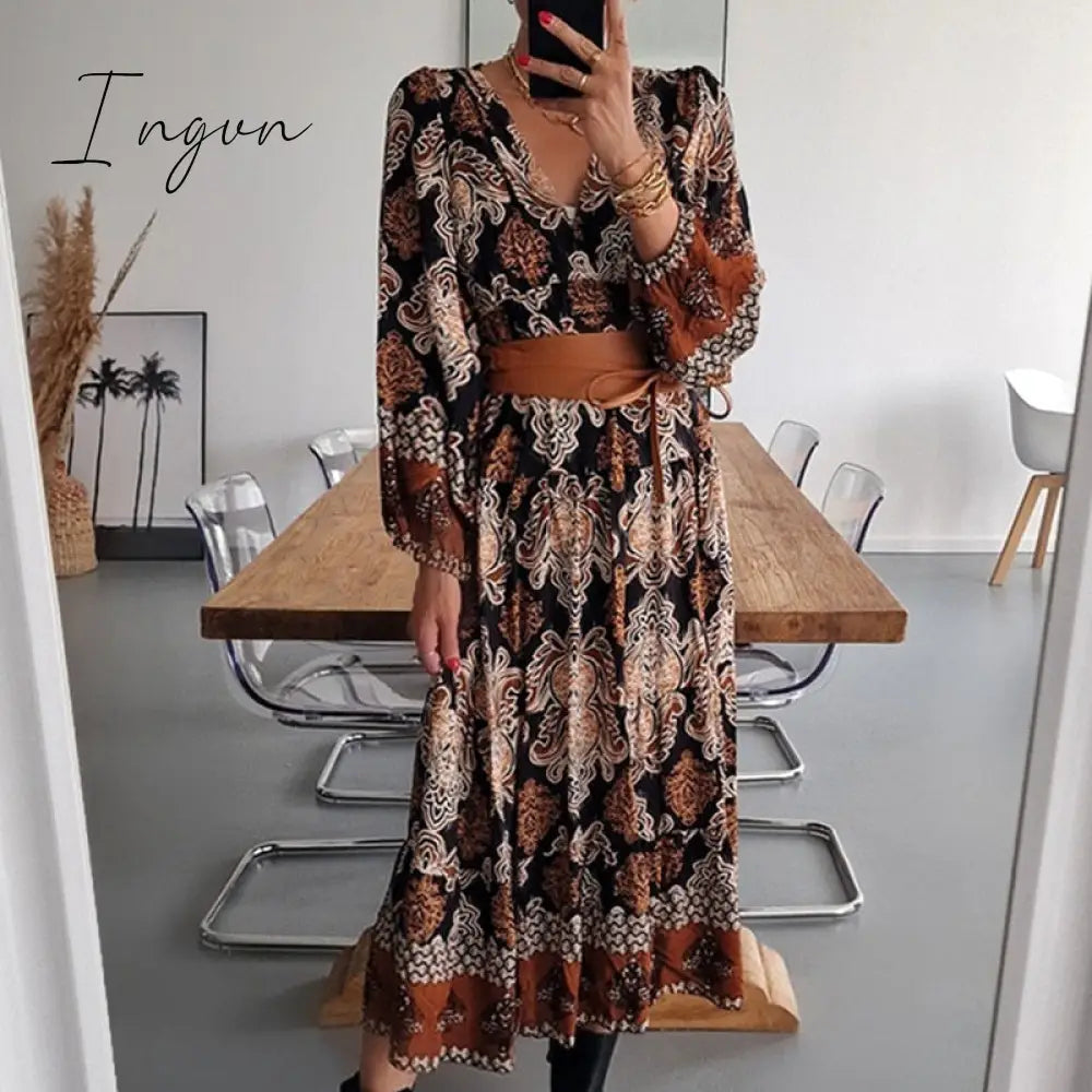 Ingvn - Women Fashion Pattern Printed Dress Autumn Office Casual Long Sleeve Pleated Lady Vintage