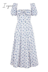 Ingvn - Women Fashion Puff Sleeve Lace Up High Split Dress Vintage Ladies Cottagecore Tallulah Blue