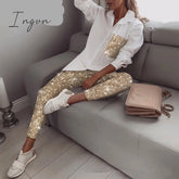 Ingvn - Women Fashion Sequin Two Piece Set Long Sleeve Womens Tops And Blouses Femme Outfits