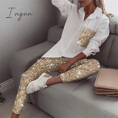 Ingvn - Women Fashion Sequin Two Piece Set Long Sleeve Womens Tops And Blouses Femme Outfits