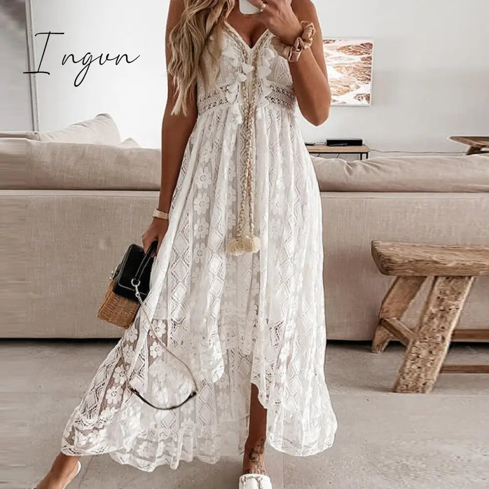 Ingvn - Women Fashion Trends Off Shoulder Lace Patchwork Elegant Dress Summer V Neck Spaghetti