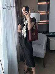 Ingvn - Women Fashion White Short Sleeve Mid - Calf Dress