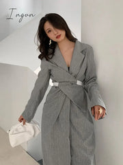 Ingvn - Women Gray Pleated Knot Long Elegant Dress New V-Collar Sleeve Loose Fit Fashion Tide