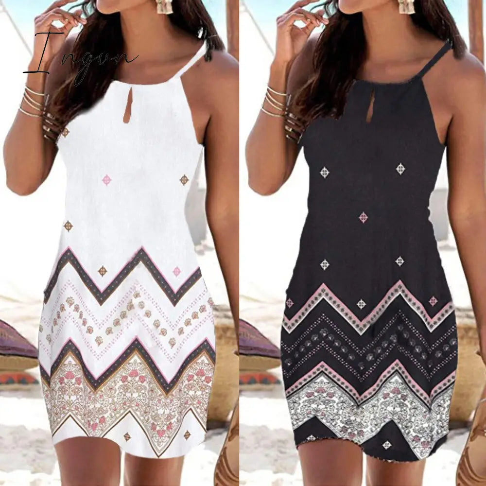 Ingvn - Women Halter Neck Boho Print Dresses Sleeveless Casual Mini Beachwear Dress Sundress Daily