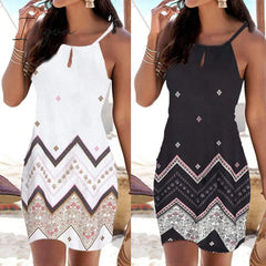 Ingvn - Women Halter Neck Boho Print Dresses Sleeveless Casual Mini Beachwear Dress Sundress Daily
