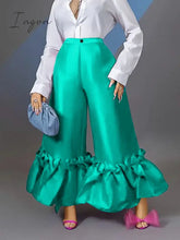 Ingvn - Women High Waist Flare Pants Wide Leg Big Size Shiny Fuchsia Bell Bottoms Trousers Dressy
