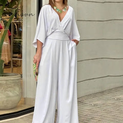 Ingvn - Women Jumpsuit Summer Short Bat Sleeve V Neck Backless Nipped Waist Loose Wide Legs Casual