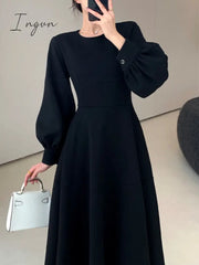 Ingvn - Women Korean Fashion Casual Midi Black Dress Autumn New Vintage Party Evening Prom Vestidos
