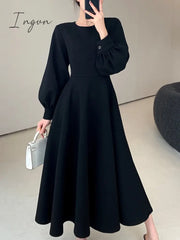 Ingvn - Women Korean Fashion Casual Midi Black Dress Autumn New Vintage Party Evening Prom Vestidos