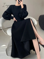 Ingvn - Women Korean Fashion Casual Midi Black Dress Autumn New Vintage Party Evening Prom Vestidos
