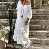 Ingvn - Women Lace Crochet Maxi Long Dress Summer 3/4 Sleeve Party Vestido Robe Femme Bohemian