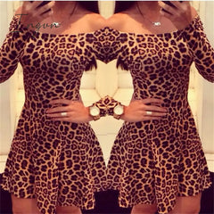 Ingvn - Women Leopard Dresses 2023 Summer Sexy Off Shoulder Bodycon Party Club Dress Long Sleeve