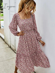 Ingvn - Women Long Dress Autumn Winter Sleeve Elegant Ladies Flower Square Collar Dresses Party