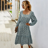 Ingvn - Women Long Dress Autumn Winter Sleeve Elegant Ladies Flower Square Collar Dresses Party