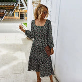 Ingvn - Women Long Dress Autumn Winter Sleeve Elegant Ladies Flower Square Collar Dresses Party
