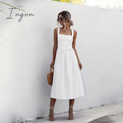 Ingvn - Women Long Dress Summer Sexy Backless Casual White Black Ruched Slip Midi Sundresses Ladies