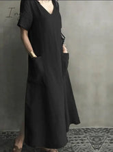 Ingvn - Women Long Maxi Summer Dress Casual Cotton Linen Ladies Big Pockets Beach Party Robe Femme