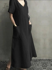 Ingvn - Women Long Maxi Summer Dress Casual Cotton Linen Ladies Big Pockets Beach Party Robe Femme