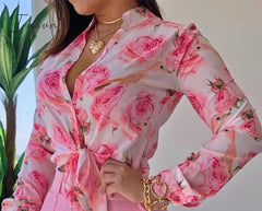 Ingvn - Women Long Sleeve Floral Printed Tie Knot Top Blouse Casual Spring Shirts Female L / Pink