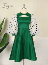 Ingvn - Women Long Sleeve Skater Dress See Through Tulle Dots Contrast Flared Swing Shimmer Elegant
