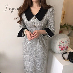 Ingvn - Women Long Tweed Dress Autumn Retro Temperament Contrast Color Lapel Pleated Lace Waist
