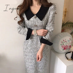 Ingvn - Women Long Tweed Dress Autumn Retro Temperament Contrast Color Lapel Pleated Lace Waist
