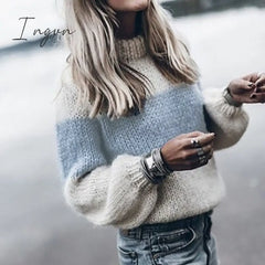 Ingvn - Women Loose Knitted Sweater Autumn Winter O Neck Striped Fuzzy Fluffy Pullovers Vintage