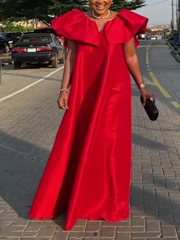 Ingvn - Women Maxi Shift Dress Oversized Loose Casual Sparkly Robe Puff Cap Sleeve V Back Red