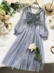 Ingvn - Women Mesh Lace Crochet Dresses V - Neck Elegant Prom Puff Sleeves Dress Summer Dot Party